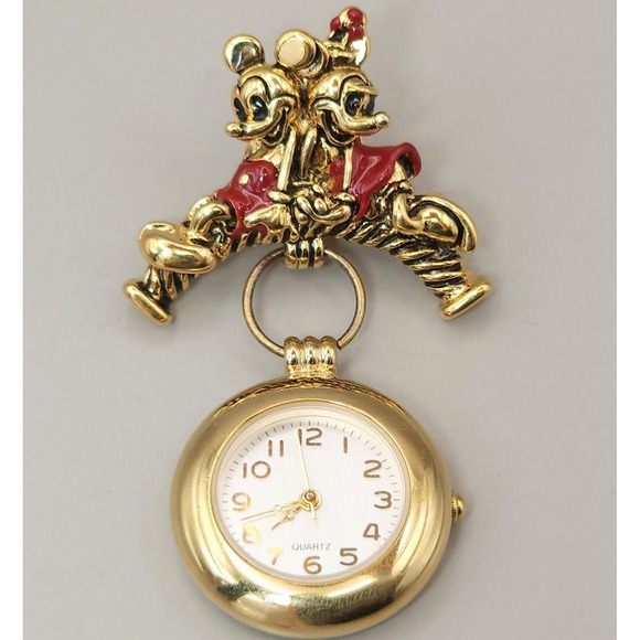 Disney Accessories - Disney Napier‎ Mickey & Minnie Quartz Pin Watch Dangle Gold Tone 2" 90s Vintage